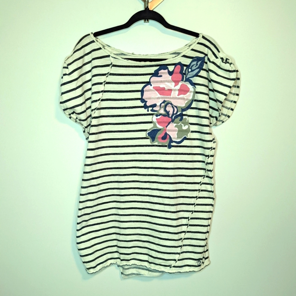 Juicy Couture Striped Top with Floral Design - Black, White, Pink